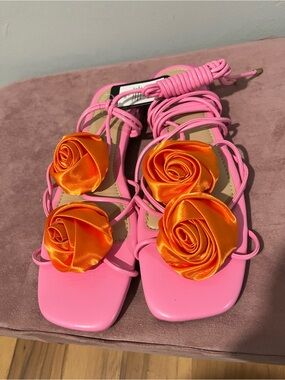 Pink Lace-Up Sandals with Orange Rose Appliqués